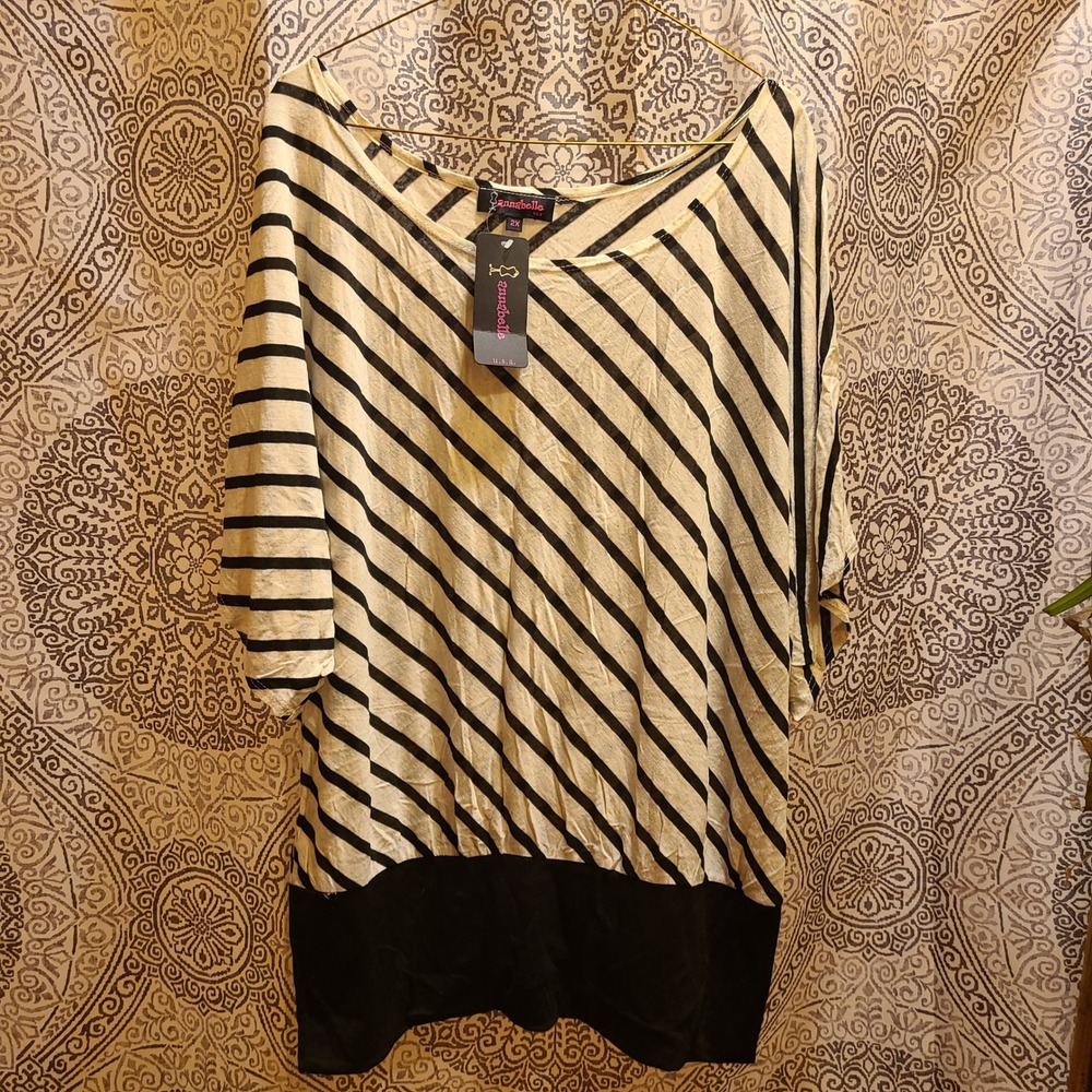 Annabelle Striped Dolman Tunic Top Womens 2XL Black Gray Banded Hem N6021X NWT